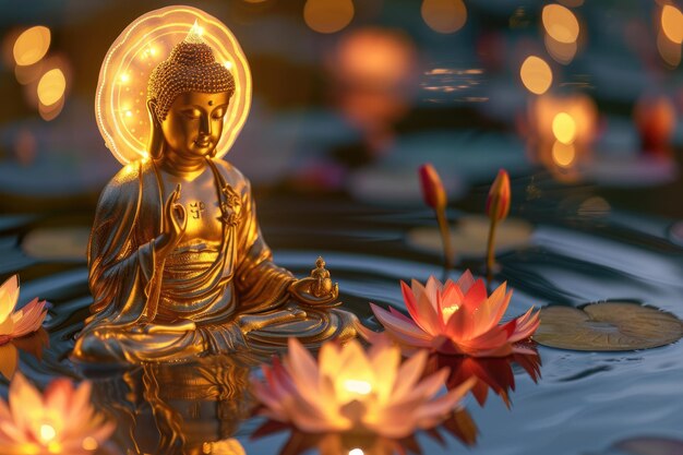 Photo a buddha statue with a halo around it