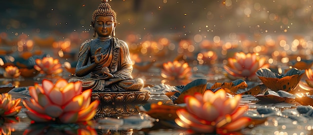 Photo buddha statue with lotus flower and water drop on the ground the concept of celebrating vesak