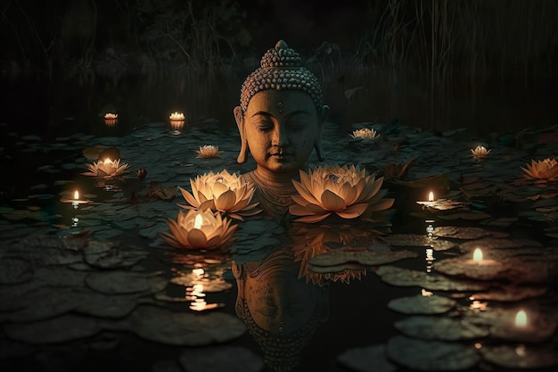 Buddha statue with a lotus flowers and burning candles floating on the water Generative Ai