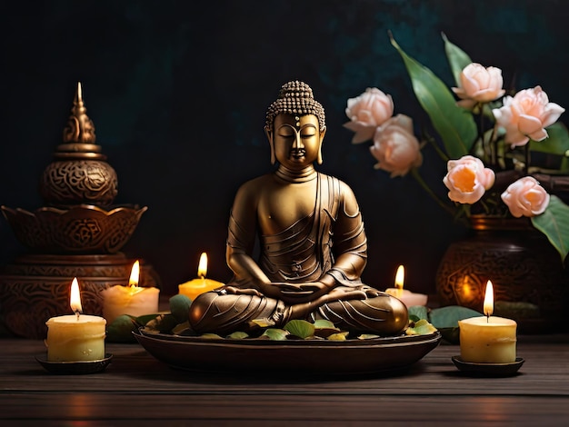 Статуя Будды с цветами лотоса и свечами на фоне боке Счастливого дня Весака