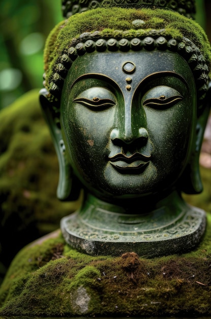 A buddha statue with moss on it