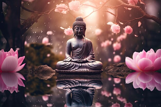 Foto una statua di buddha con fiori rosa sullo sfondo