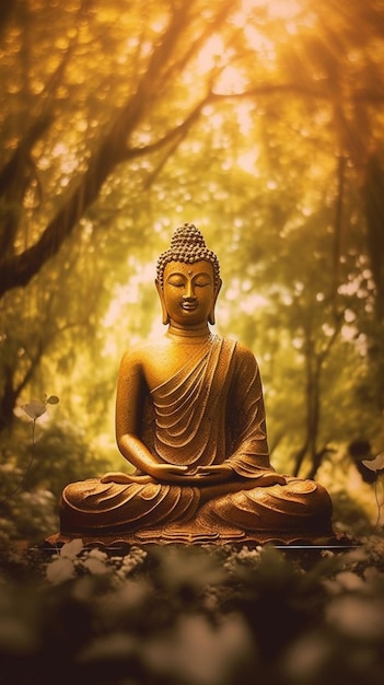 Buddha statue in the woods with sun shining through trees generative ai