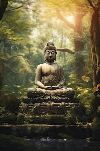 Foto statue di buddha nella foresta ai generativa