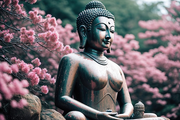 Buddha stone statue in green zen environment generative ai