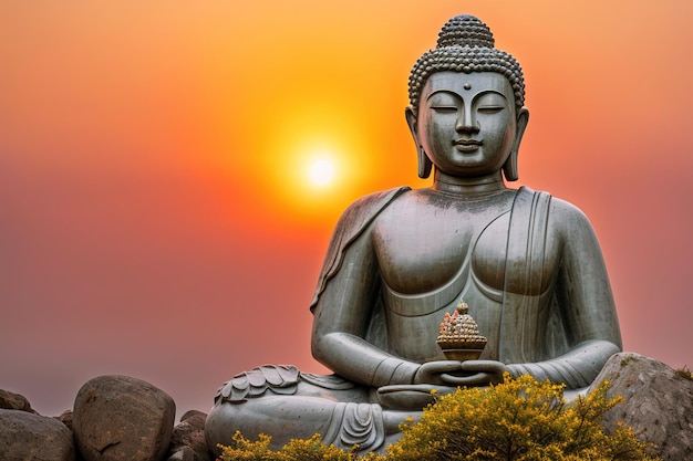 Buddha stone statue in green zen environment generative ai