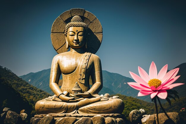 Buddha stone statue in green zen environment generative ai