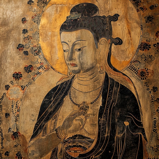 Photo buddha of the tathagata dunhuang mogao grottoes mural painting smooth lines black