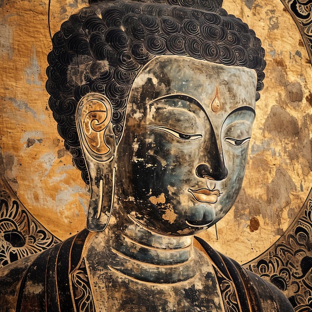 Photo buddha of the tathagata dunhuang mogao grottoes mural painting smooth lines black