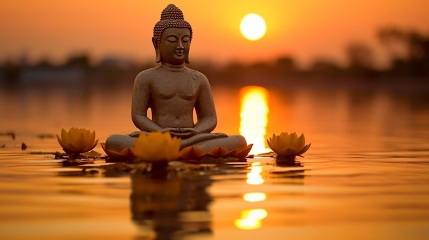 Buddha water lotus statue background buddha with the sun generate ai