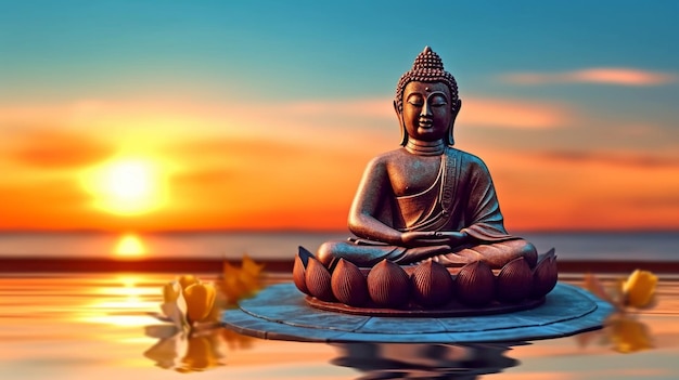 Buddha Water Lotus Statue Background Buddha with the Sun GENERATE AI