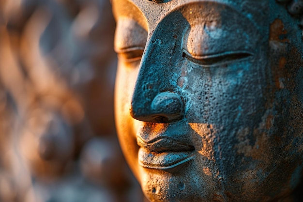 Buddhas serene face symbolizes wisdom and peace in Asian religion