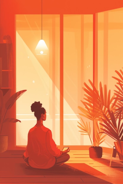 Фото Буддист медитирует в минималистской городской квартире, используя медитационное приложение для руководства