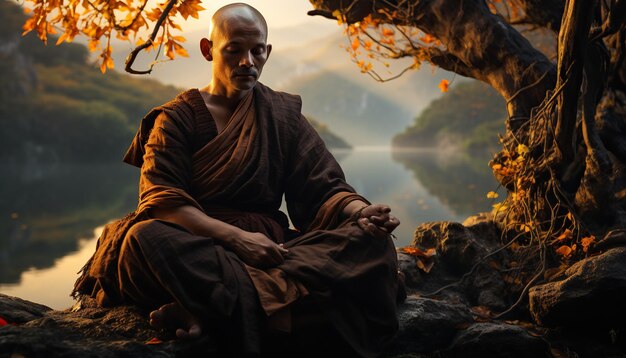Фото Буддийский монах в медитации у реки с прекрасным природным фоном