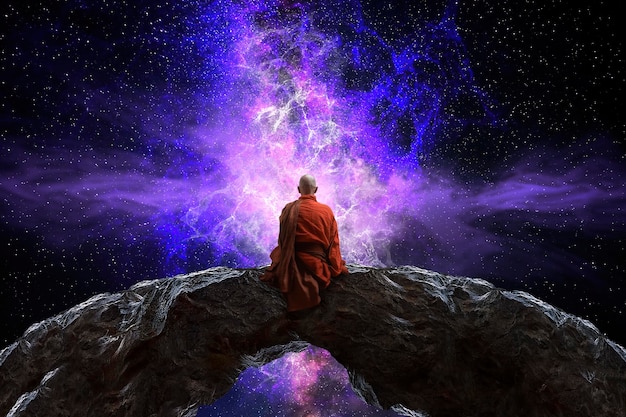 Фото Буддийский монах смотрит на вселенную