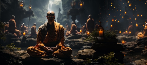 Photo buddhist monk in lotus position meditating generative ai