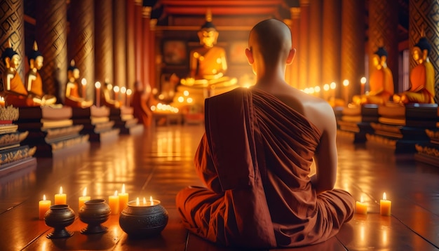 Buddhist Monk Meditating in a Candlelit Temple