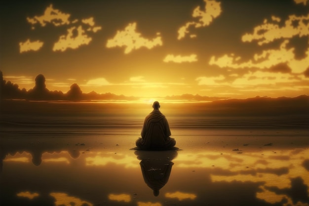 写真 朝の日の出の静かな湖で瞑想する僧侶