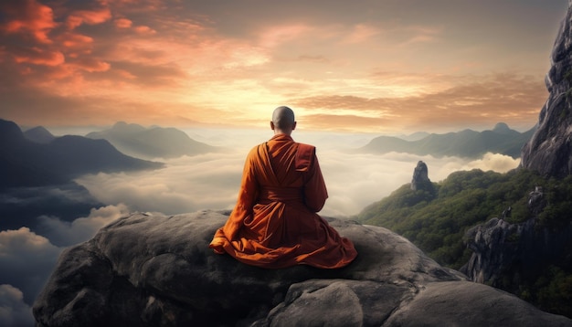 Buddhist Monk Meditating on the Peak