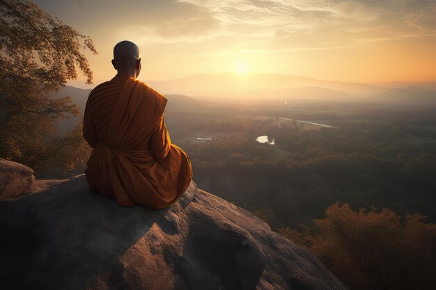 Buddhist monk meditating on a rock AI generated