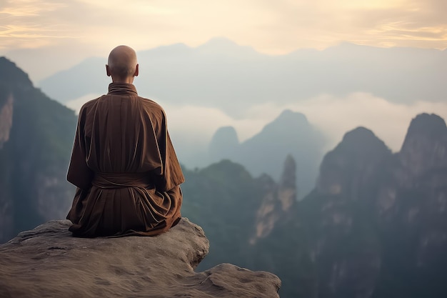 높은 산의 아름다운 일몰을 배경으로 명상 중인 불교 승려