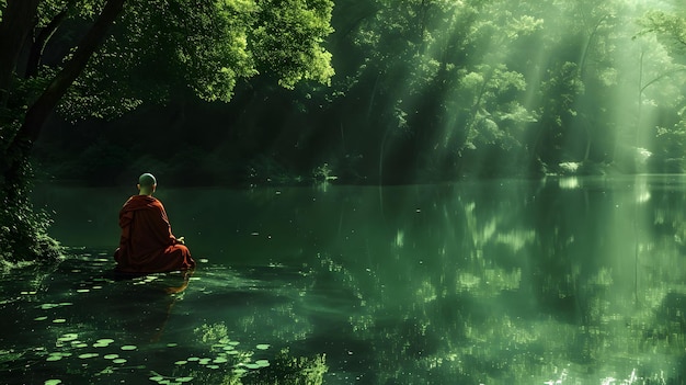 ジャングルの湖の横で瞑想する僧侶