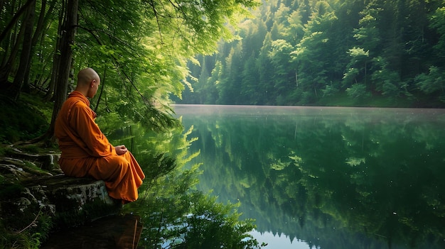 Buddhist monk in meditation beside a lake in the jungle