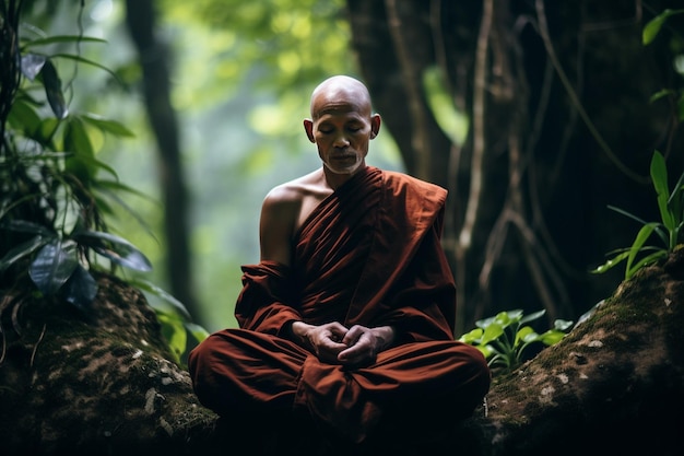 Photo buddhist monk in meditation beside a tree in the jungle