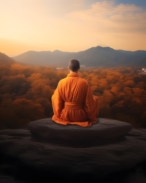 Buddhist monk in meditation on mountaintop at beautiful sunset or sunrise