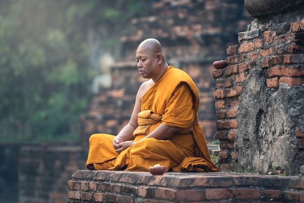 Meditazione del monaco buddista nel tempio