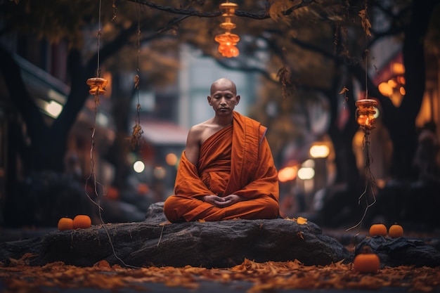 Photo buddhist monk in orange clothes in lotus position generative ai