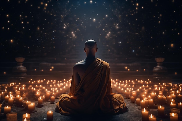 Photo buddhist monk in orange robe sitting in a temple surrounded by candles with copy space generative ai