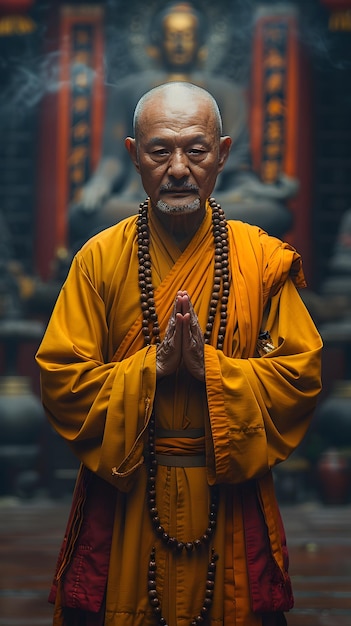 Buddhist monk praying and meditating in a religious worship area Concept religion meditation