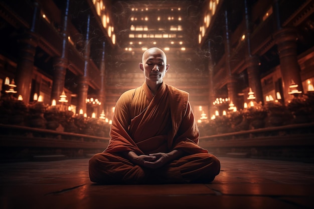 Buddhist monk sitting meditating in old temple surrounded by candles Generative AI