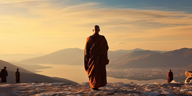 美しい谷に立っている仏教僧