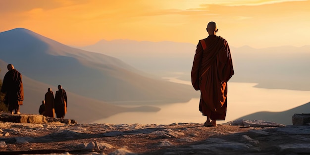 Buddhist monk standing in a beautiful valley