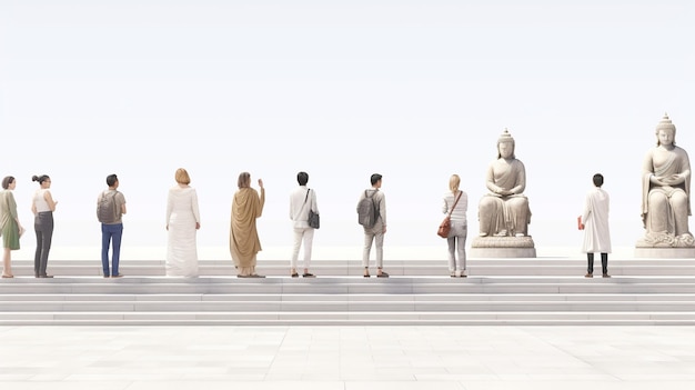 사진 부처 의 동상 들 의 집단 앞 에 서 있는 불교 승려