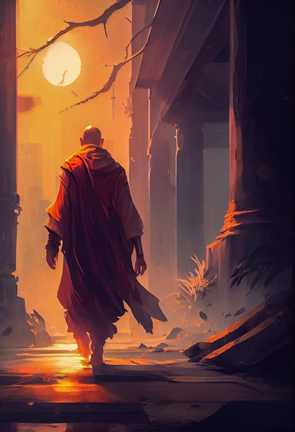 Buddhist monk walking down path at sunset Ia generative