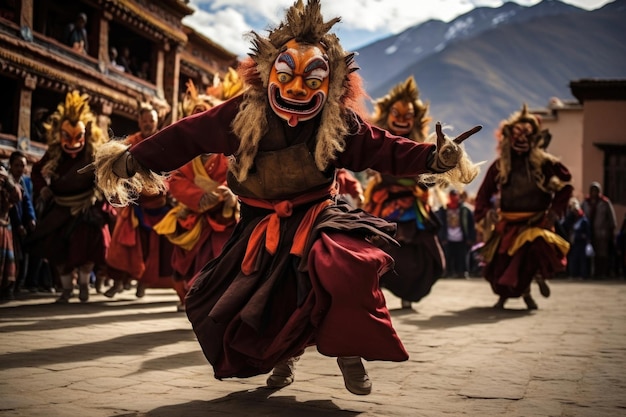 Photo buddhist monks dance during yuru kabgyat festival in ladakh