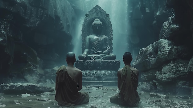 Buddhist monks engaging near serene Buddha statue Generative Ai