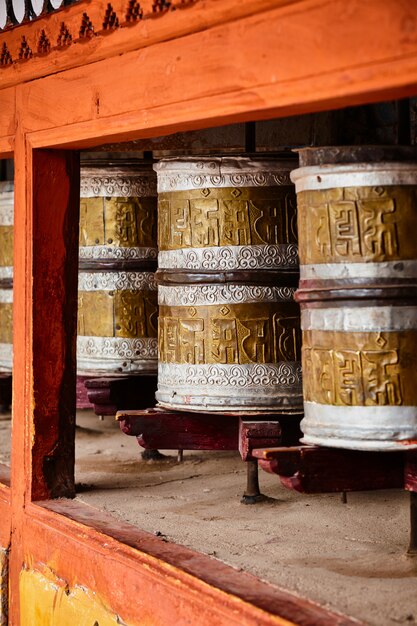 Buddhist prayer wheels in Hemis monstery. Ladakh, India