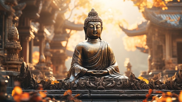 Buddhist sculpture in tranquil scene ancient architecture meditation with colorful background