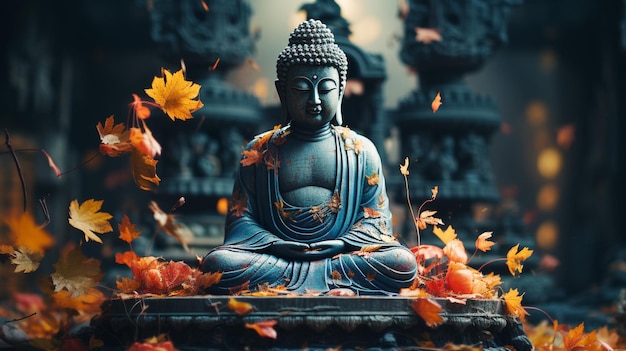 평화로운 장면의 불교 조각품 고대 건축물 명상과 다채로운 배경