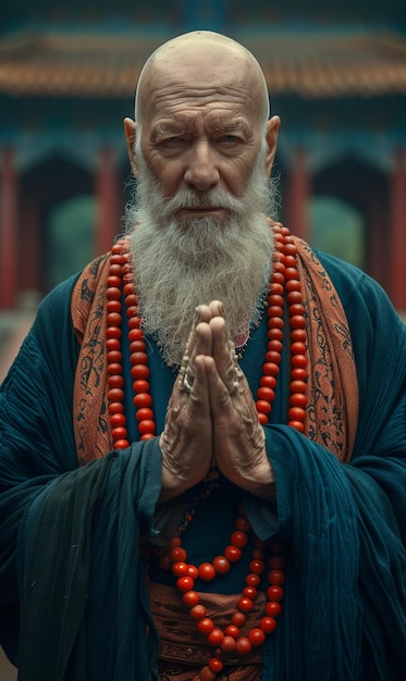 Buddhist Shaolin monk prays in national cultural clothes stands in front of the monastery religion Buddhism meditation of a believing monk Learn Zen and cleanse the aura open the chakras