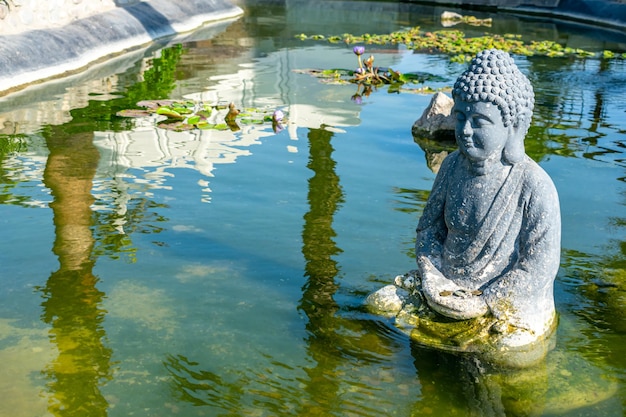 公園の木々を映す湖の真ん中にある仏像