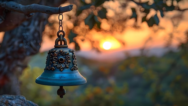 Foto buddhist temple bell rings at dawn symbolizing awakening to wisdom and lifes impermanence concept buddhist temples morning rituals spiritual awakening wisdom impermanence