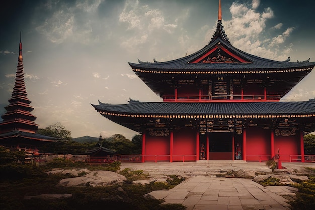 Buddhist temple full of light with a temple bell