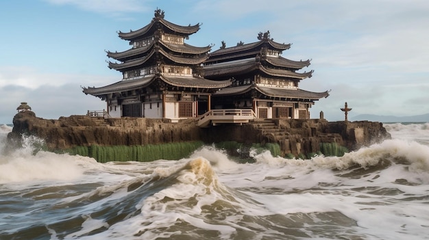 A buddhist temple melting into an ocean hd wallpaper