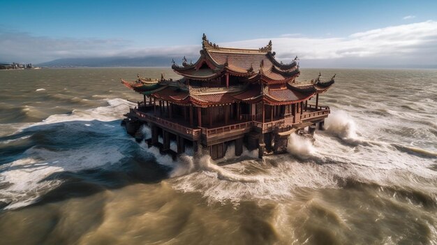 A buddhist temple melting into an ocean hd wallpaper