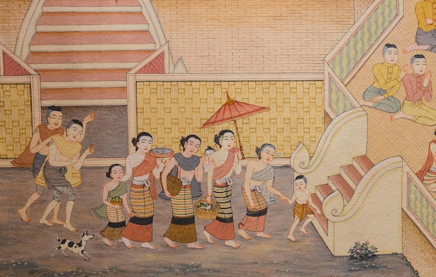 Pittura murale del tempio buddista in tailandia